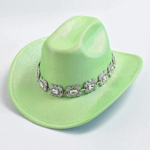 Rhinestone Fedora Cowboyhatt Limegrön / One Size