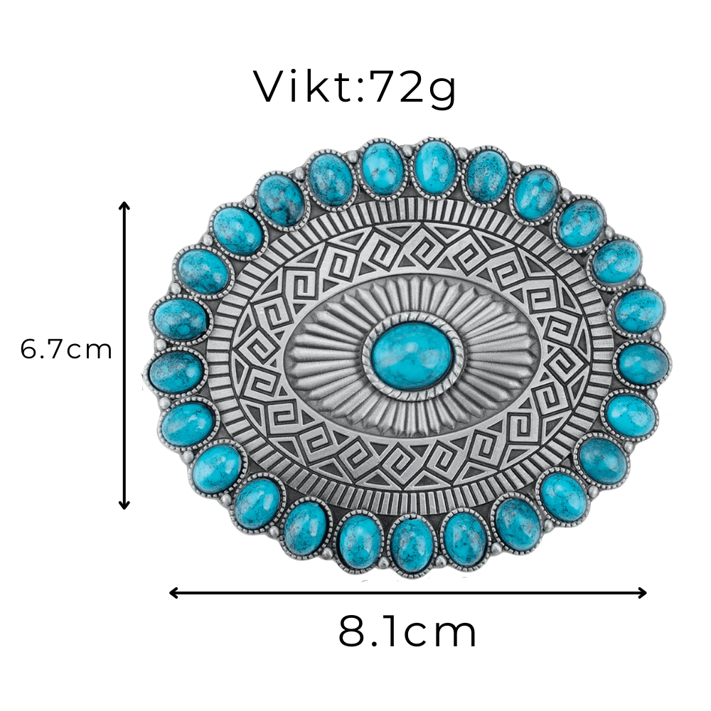 Rund Turkis Concho Bältesspänne Mönstrad Ram Antik Silver