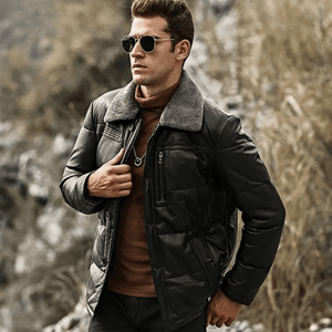 Svart dun puffer jacka herr i läder