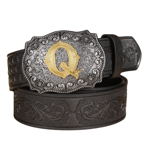 Svart westernbälte med Graverat Mönster och Initialspänne i Metall Bokstav Q / 120cm