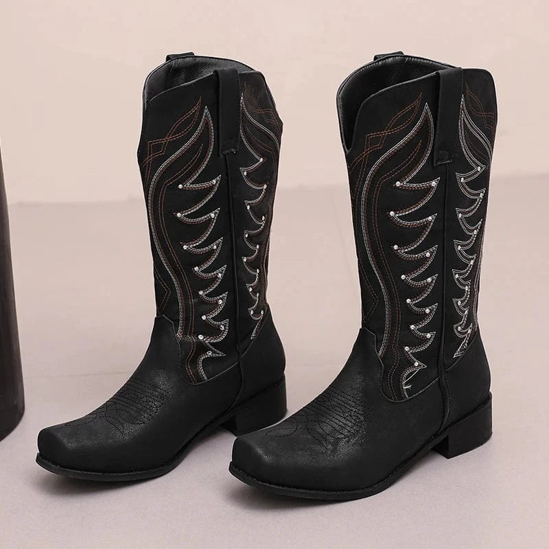 Tvåfärgade Höga Cowboyboots med Fyrkantig Tå för Dam