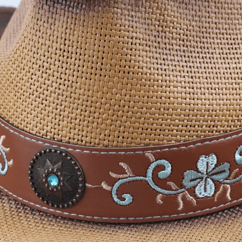 Vintage Stråcowboyhatt med Broderade Detaljer Beige strå / 56-58cm