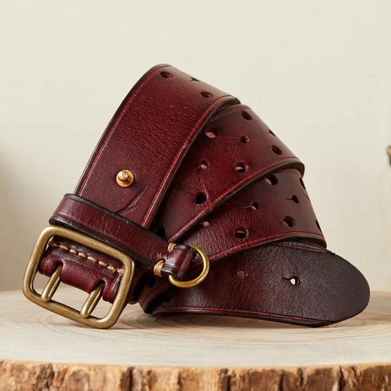 Vintageinspirerat westernbälte i äkta läder med robust dubbelspänne