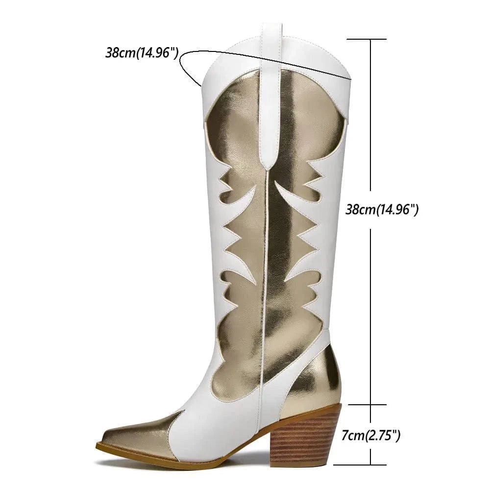 Vita Höga Cowgirl Boots med Guldiga Detaljer